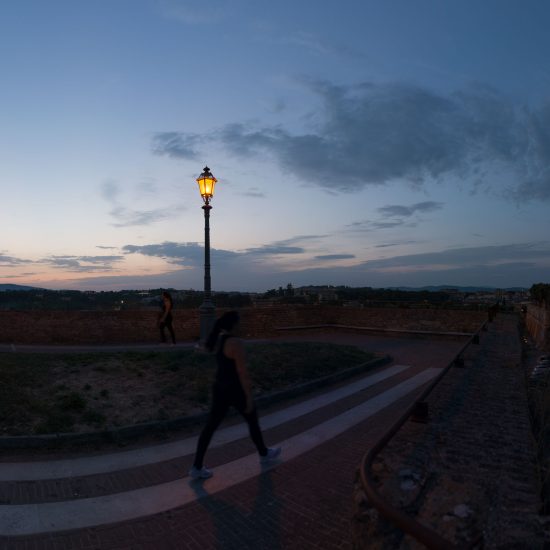 This is a color photograph of a person walking past a lamp post as the sun sets.