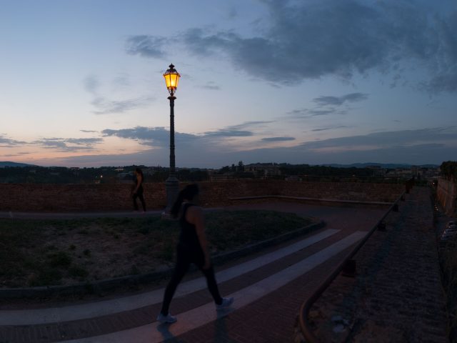 This is a color photograph of a person walking past a lamp post as the sun sets.