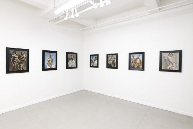 This photograph shows the walls of a gallery where eight paintings hang. They depict young men performing various activities.