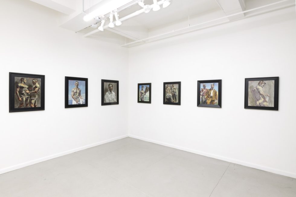 This photograph shows the walls of a gallery where eight paintings hang. They depict young men performing various activities.
