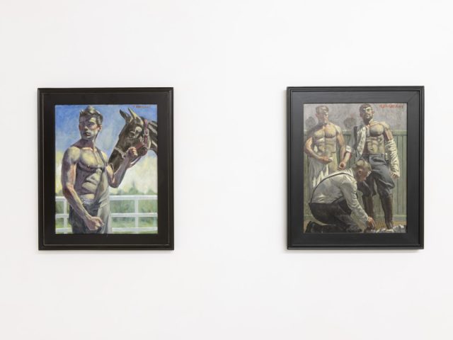 This photograph shows two paintings hung on the walls of a gallery. One depicts a young boy holding the reins of a horse. The other shows a man tying the shoes of two men.