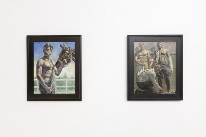 This photograph shows two paintings hung on the walls of a gallery. One depicts a young boy holding the reins of a horse. The other shows a man tying the shoes of two men.
