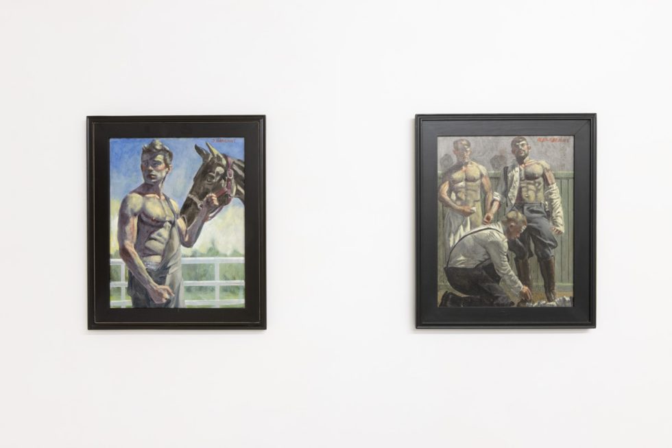 This photograph shows two paintings hung on the walls of a gallery. One depicts a young boy holding the reins of a horse. The other shows a man tying the shoes of two men.