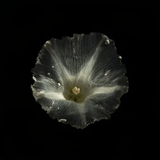 This photograoh shows a Calystegia Sepium (Hedge Bindweed) flower. Its petals are see-through and thin, so you can see through them, into the black background behind the flower.