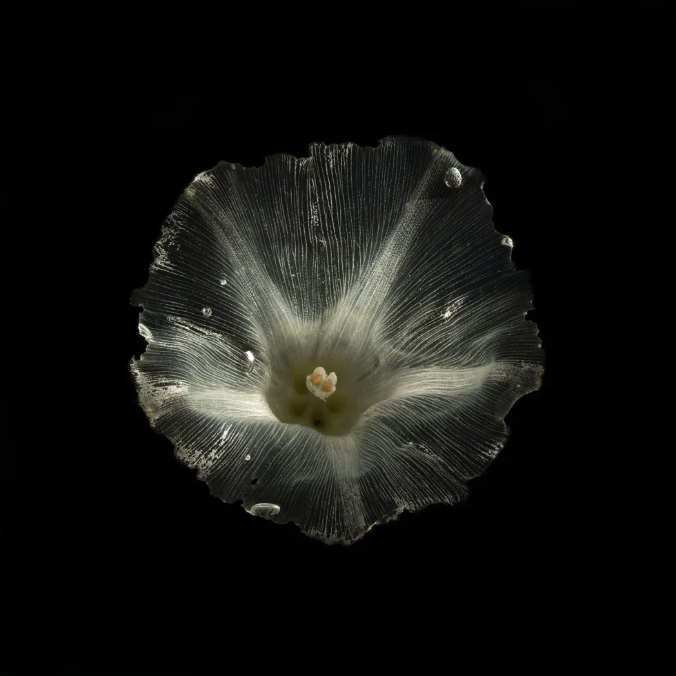 This photograoh shows a Calystegia Sepium (Hedge Bindweed) flower. Its petals are see-through and thin, so you can see through them, into the black background behind the flower.