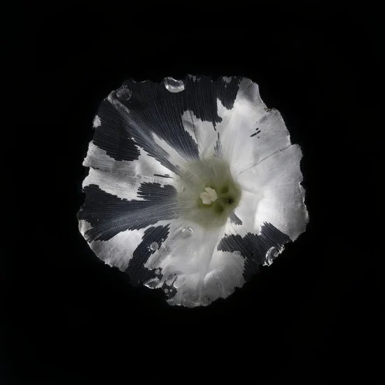 This image shows a black and white Calystegia Sepium (Hedge Bindweed) flower, set against a black background.