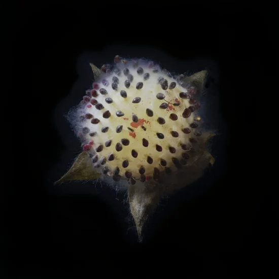 This image shows a Fragaria Vesca (Wild Strawberry), seen from above against a black background.