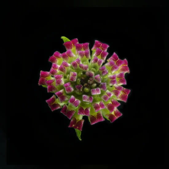 This photograph shows a pink Lantana Camara (Lantana) flower against a black background. It's seen from above.