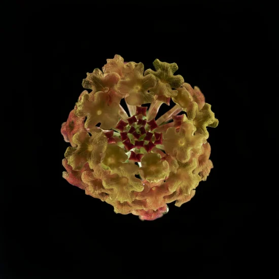 This image shows a Lantana Camara (Lantana), seen from above, against a black background.
