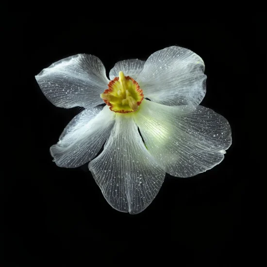 This image shows a daffodil, seen from above against a black background.