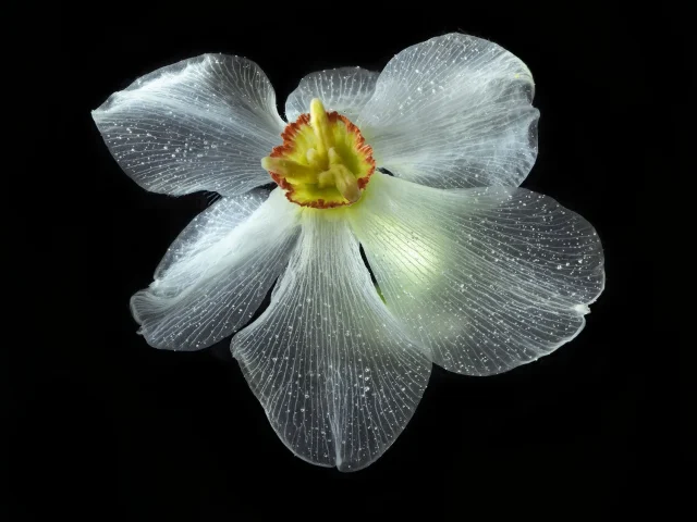 This image shows a daffodil, seen from above against a black background.