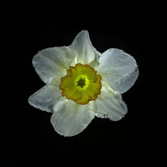 This color photograph shows a daffodil seen from above against a black background.