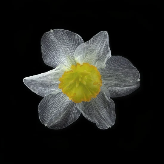 This image shows a daffodil seen from above against a black background.