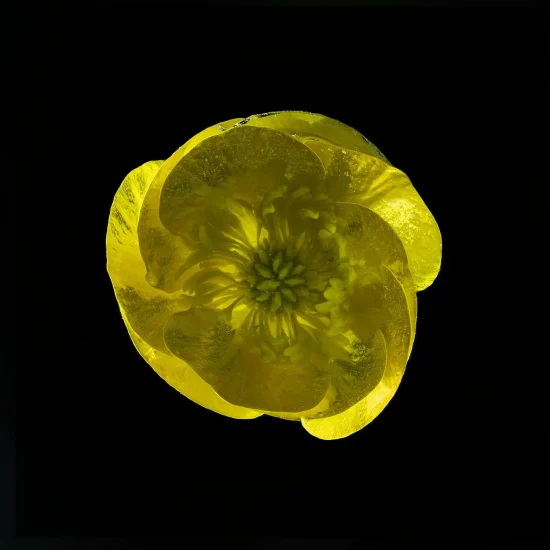 This color photograph shows a bright yellow buttercup, seen from above against a black background