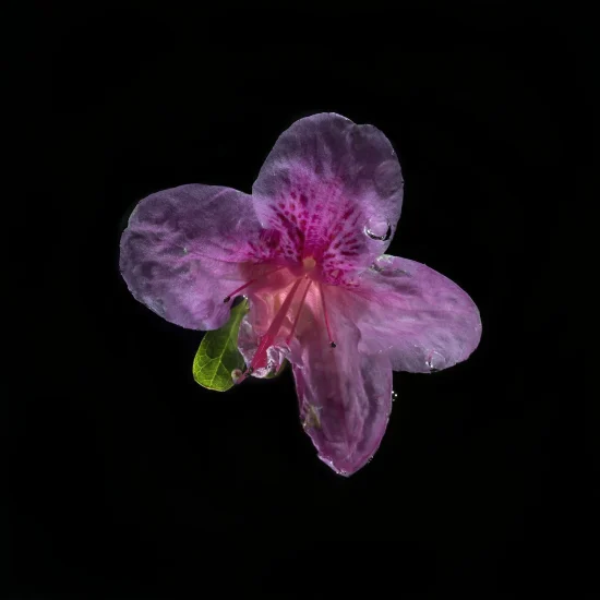 This image shows a pink Rhododendron (Azalea), seen from above against a black background.