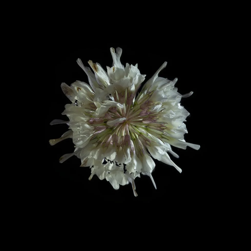 This photograph shows a clover, seen from above. It's set against a black background.