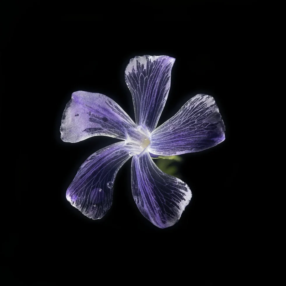 This image shows a Vinca (Periwinkle), set against a black background. It is seen from above.