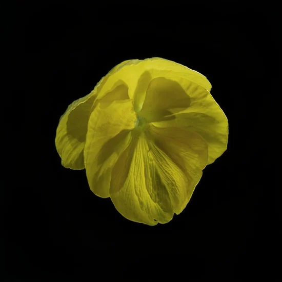 This image shows a Viola x Wittrocklana (Pansy), seen from above. It is bright yellow and set against a black background.
