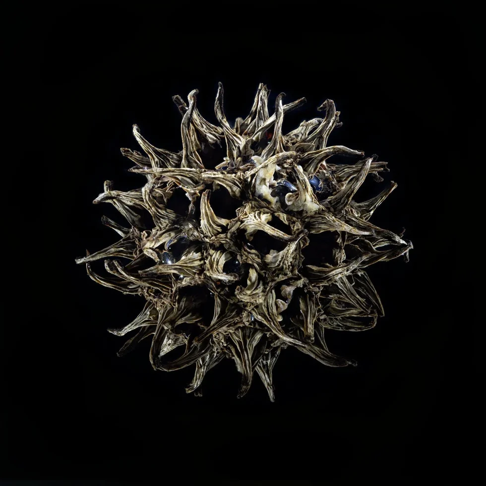 This image shows a sweet tree gum fruit set against a black background.