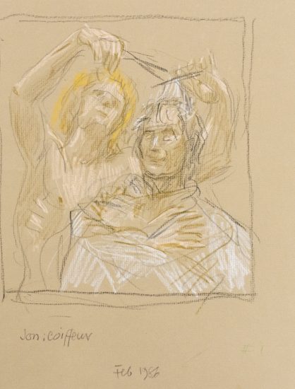 This is a sketch of a man getting his haircut with scissors.