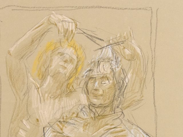 This is a sketch of a man getting his haircut with scissors.