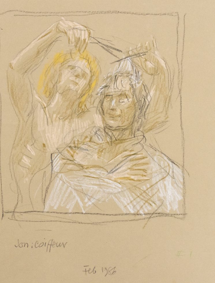 This is a sketch of a man getting his haircut with scissors.