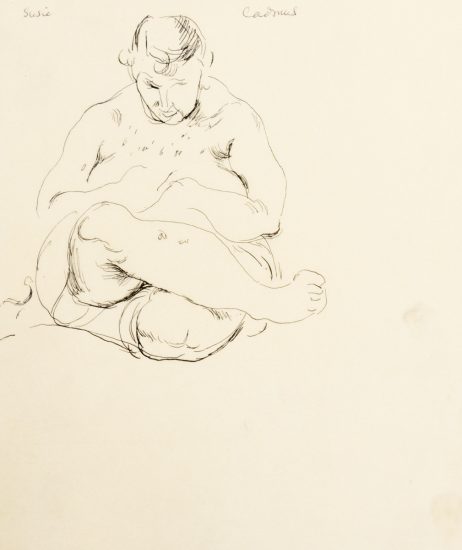 This is a pencil sketch of a woman sitting with her legs crossed.
