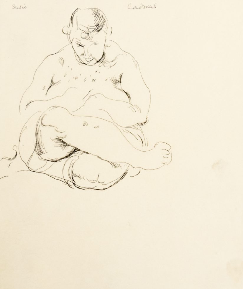 This is a pencil sketch of a woman sitting with her legs crossed.
