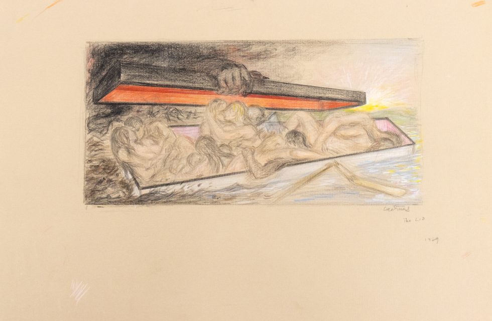 This is a sketch of a bunch of people being put into a box with the lid being shut by a hand.