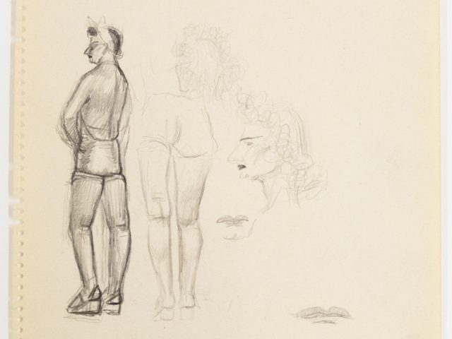 This is a sketch of the profile of a woman in multiple iterations.