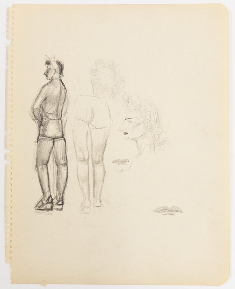 This is a sketch of the profile of a woman in multiple iterations.