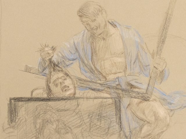 This is a pencil sketch of a man beheading another man with a guillotine.