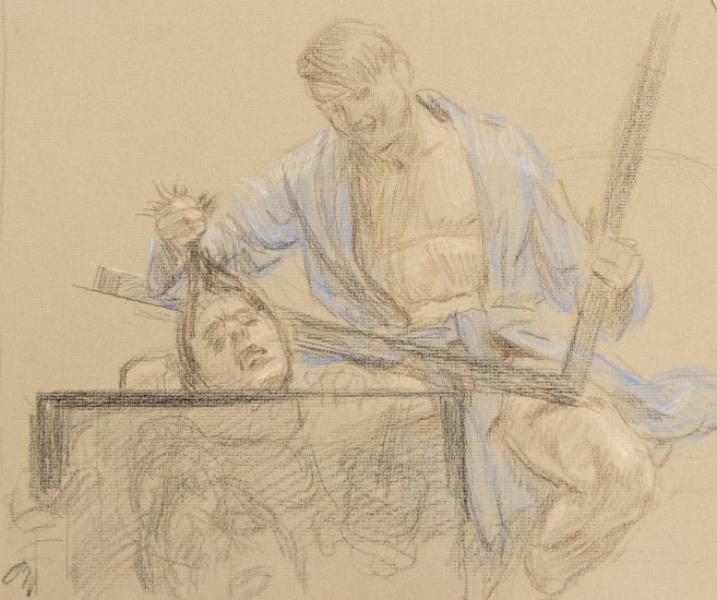 This is a pencil sketch of a man beheading another man with a guillotine.