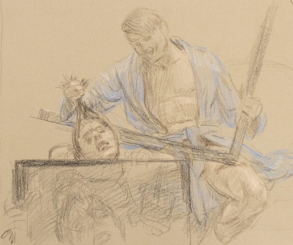 This is a pencil sketch of a man beheading another man with a guillotine.