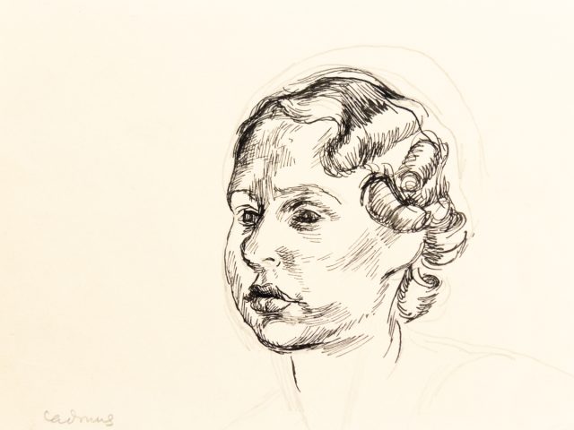 This is a sketch of the head of a woman with wavy hair.