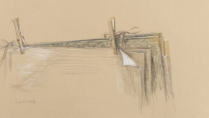 This is a sketch of clothespins holding together an art portfolio.