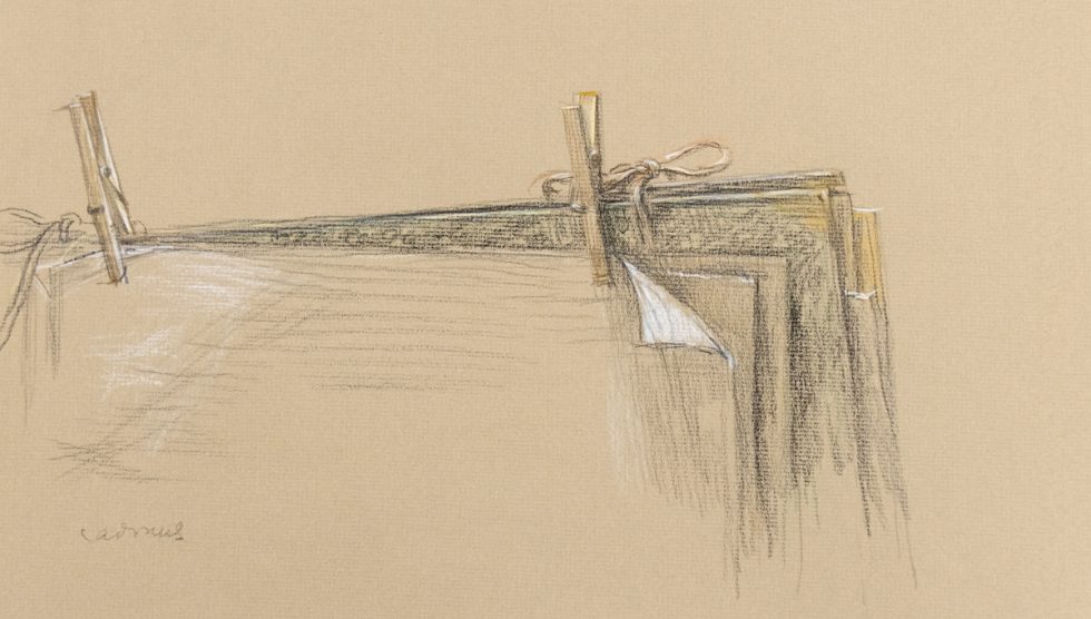 This is a sketch of clothespins holding together an art portfolio.