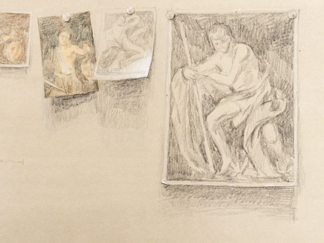 This is a sketch of several pictures pinned up on the wall.