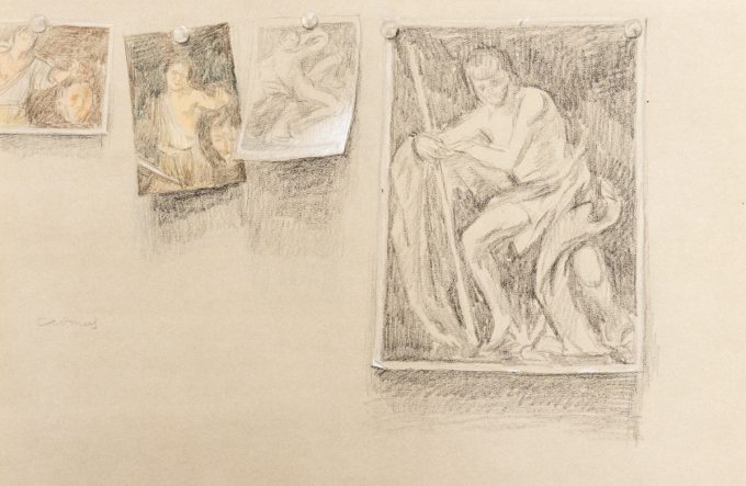 This is a sketch of several pictures pinned up on the wall.