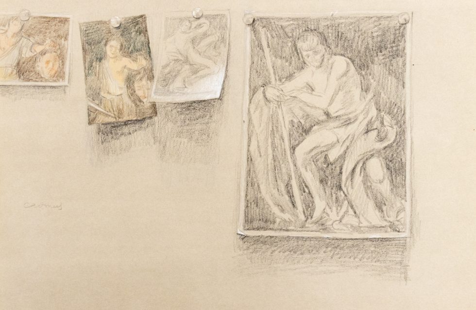This is a sketch of several pictures pinned up on the wall.