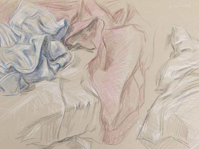 This is a sketch of various pieces of fabric in blue, pink, and white.