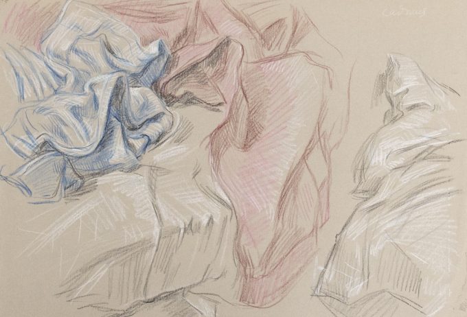 This is a sketch of various pieces of fabric in blue, pink, and white.
