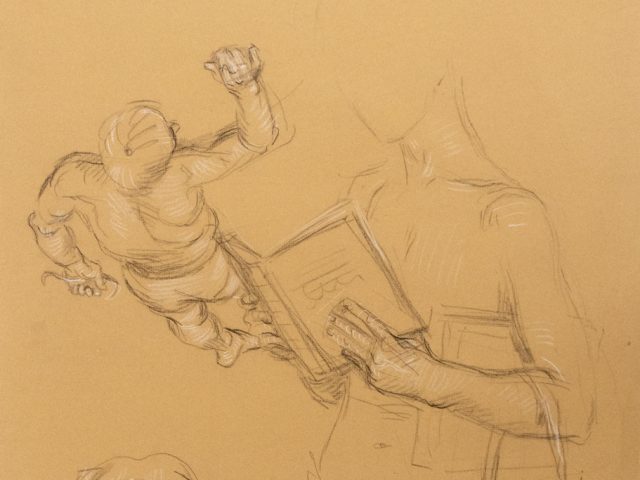 This is a sketch of three figures, one reading, one curled up in the bottom right, and one floating on its back in the top left.
