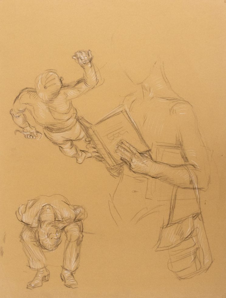 This is a sketch of three figures, one reading, one curled up in the bottom right, and one floating on its back in the top left.