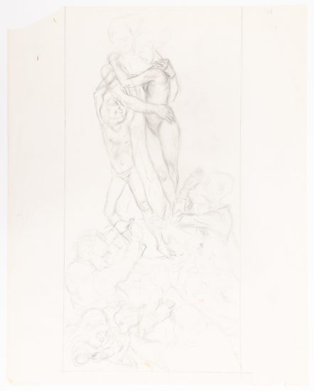 This is a sketch of three people at the top holding each other with a larger group of people down at their ankles.