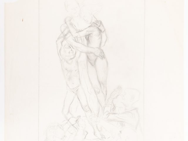 This is a sketch of three people at the top holding each other with a larger group of people down at their ankles.