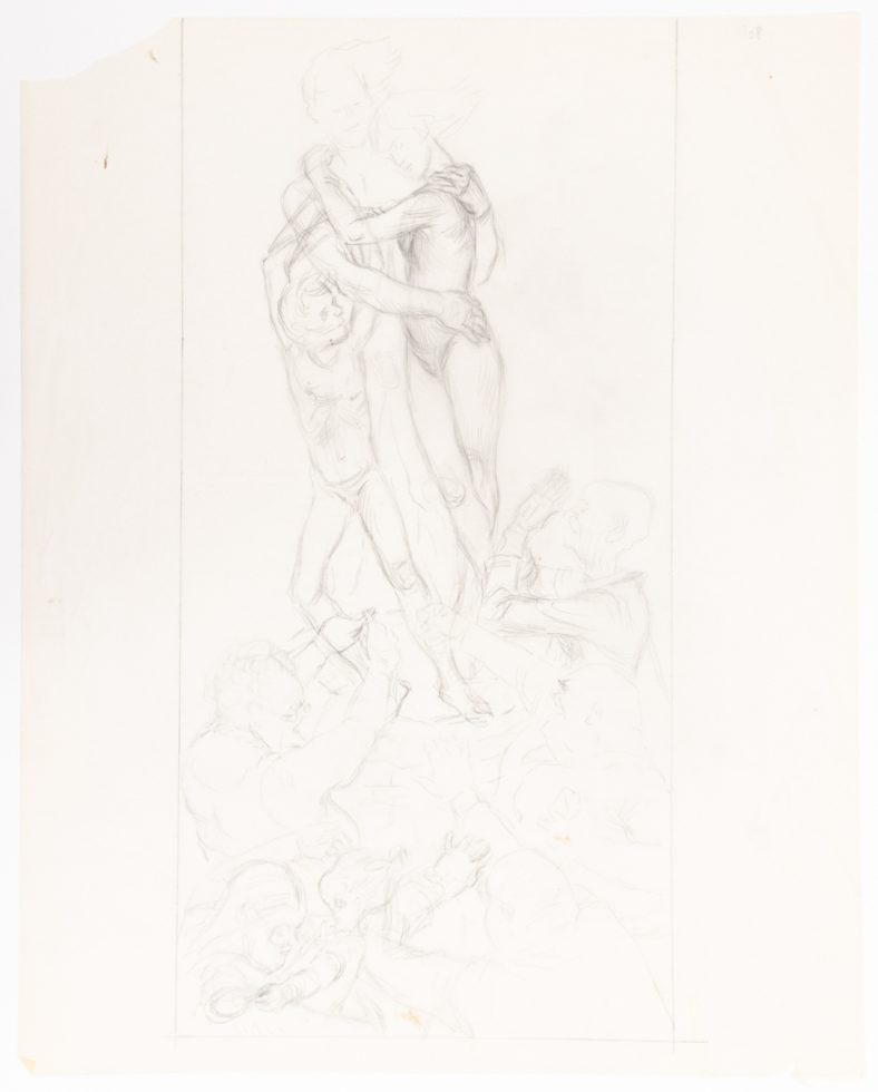 This is a sketch of three people at the top holding each other with a larger group of people down at their ankles.