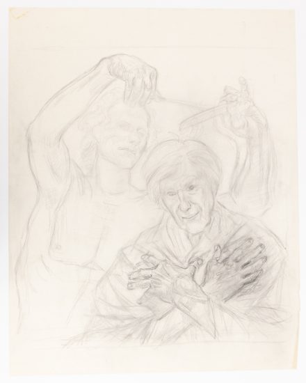 This is a sketch of a man getting his haircut with scissors.