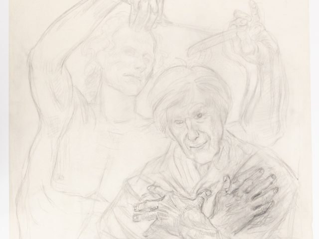 This is a sketch of a man getting his haircut with scissors.