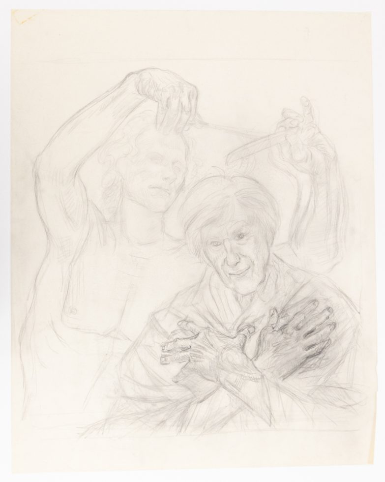 This is a sketch of a man getting his haircut with scissors.